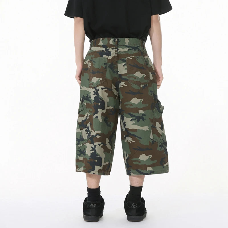 American Style Men's Jeans Camouflage Side Pockets Patchwork Design Casual Straight Wide Leg Baggy Male Denim Shorts 9W1271