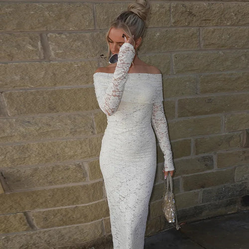 Load image into Gallery viewer, Lace Off-shoulder Sexy Maxi Dress For Women White Strapless Long Sleeve Backless Bodycon Club Party Sexy Long Dress
