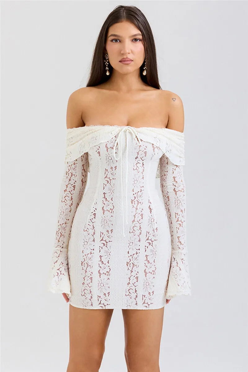 Off-shoulder Lace Sexy Mini Dress For Women White Strapless Long Sleeve Backless Bodycon Club Party Sexy Dress Elegant