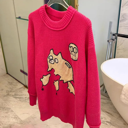 Load image into Gallery viewer, Autumn Winter Cartoon Sweater Streetwear Green Oversized Pullovers For Women Rose Red Knitted Top Warm Soft Jumper C-175
