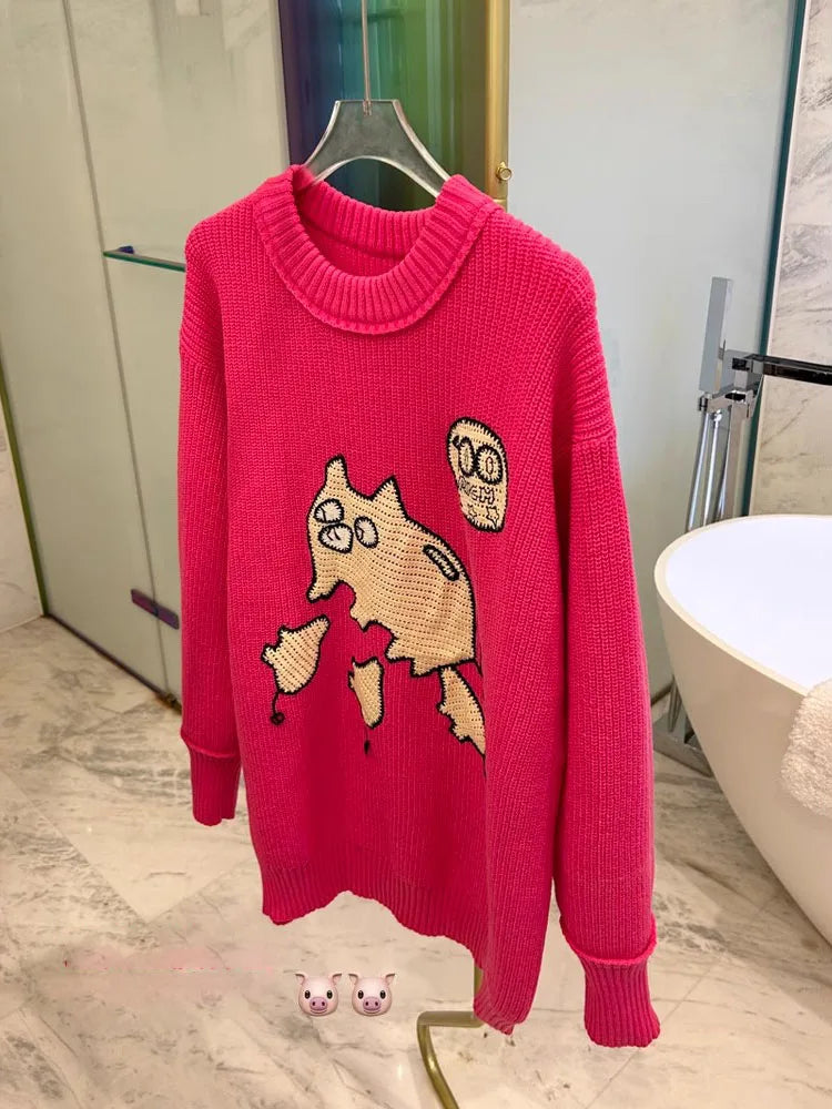 Autumn Winter Cartoon Sweater Streetwear Green Oversized Pullovers For Women Rose Red Knitted Top Warm Soft Jumper C-175