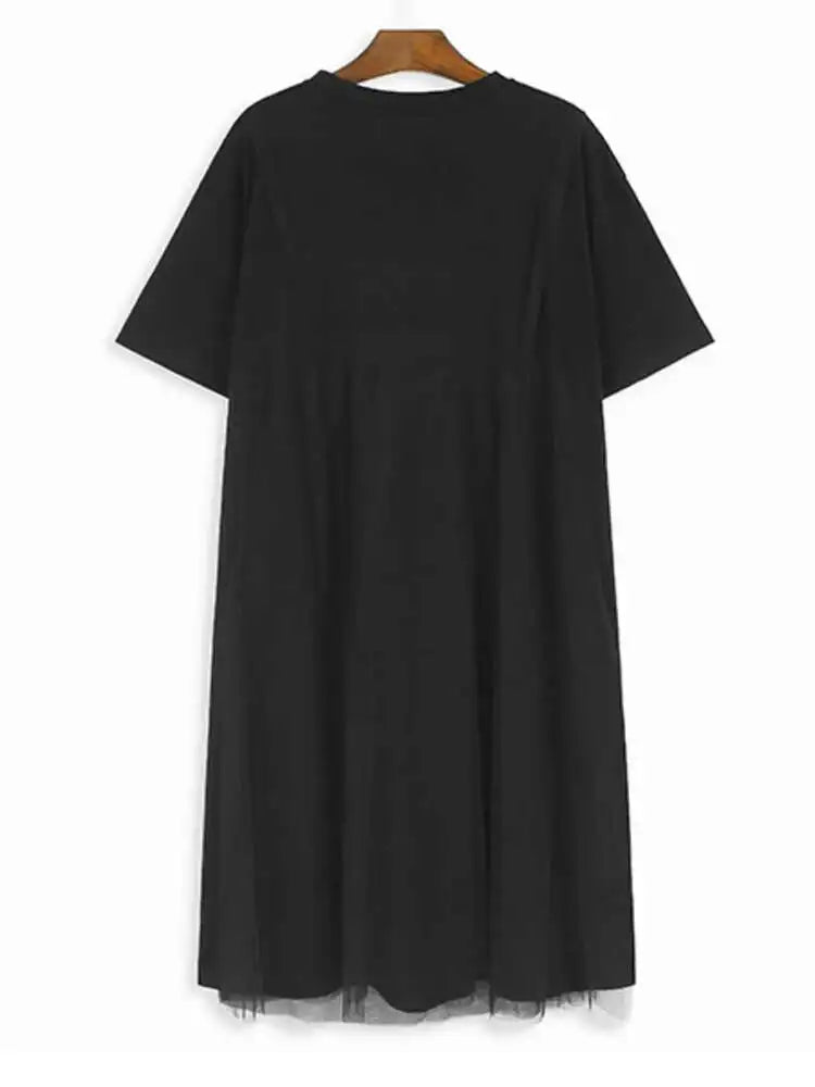 Women Gray Mesh Spliced Big Size Casual Midi Dress New Round Neck Short Sleeve Fashion Tide Spring Summer 2025 1DH9817