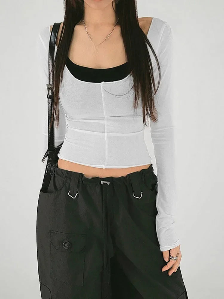 2025 Autumn New Slim Two Pieces Set Women Grunge Solid Streetwear Tops + Sleeveless All Match Black Vest Y2k Aesthetic Fashion