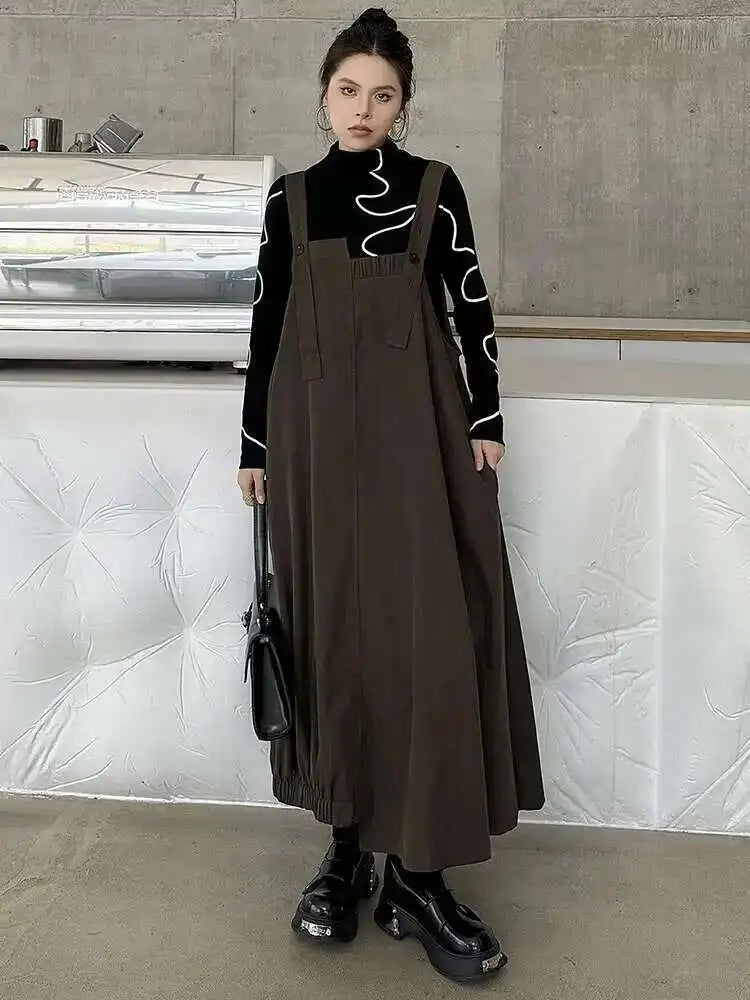 Women Coffee Irregular Spliced Big Size Strap Dress New Square Collar Sleeveless Fashion Tide Spring Autumn 2025 1DJ0050