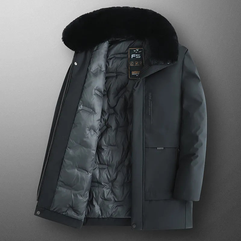 Men Fleece Lined Thick Warm Fur Collar Coat Winter Parka Autumn Work Outwearing Long Parka New Plush Jacket Male Size 5XL