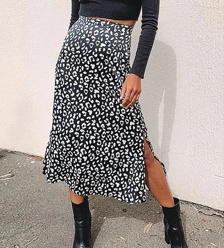 2024 New Sexy Leopard Print Chiffon Split Skirt Casual Fashion Long Skirts for Women Spring Summer Zip Elegant Female Skirt