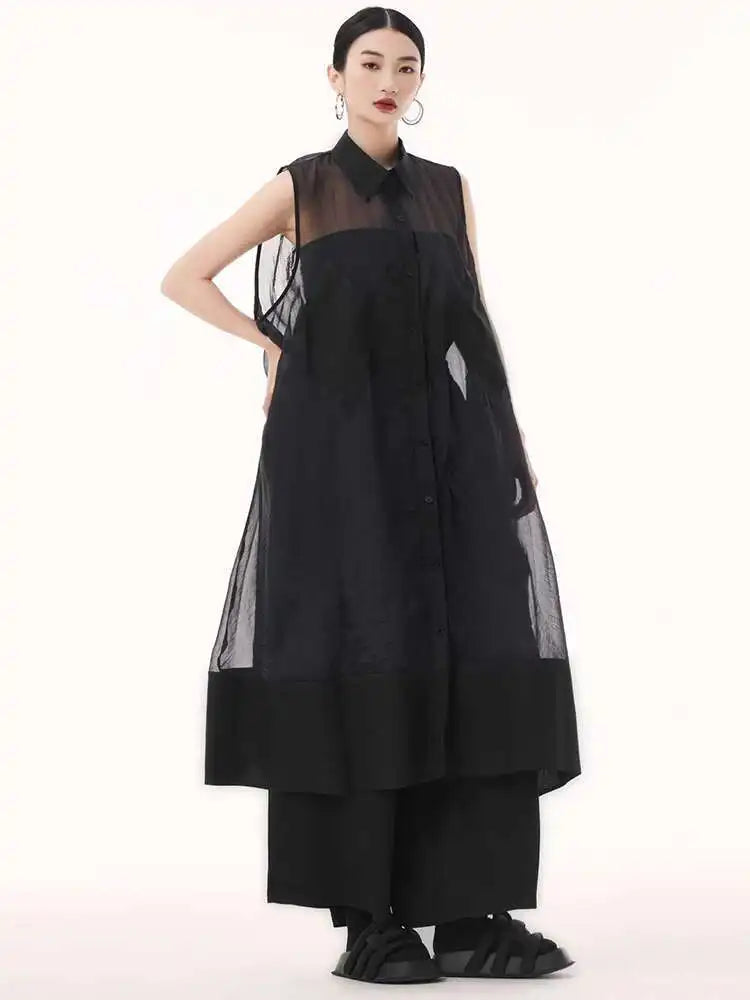 Women Black Mesh Perspective Big Size Long Shirt Dress New Lapel Sleeveless Fashion Tide Spring Summer 2025 1DH9517