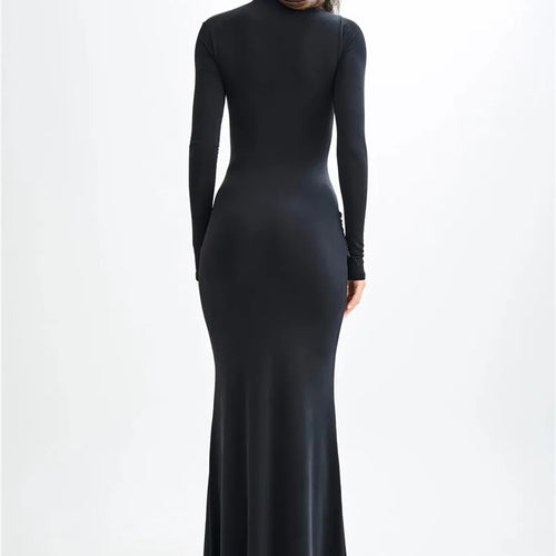 Load image into Gallery viewer, Diagonal Collar Long Sleeve Maxi Dress For Women Autumn Winter New Solid High Waist Ruched Bodycon Sexy Long Dress
