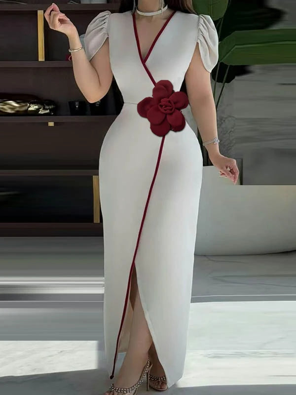 Evening Banquet Summer Dress Woman 2025 New Floral V-neck Short Sleeves Cocktail Party Long Dresses Sexy Outfits Women