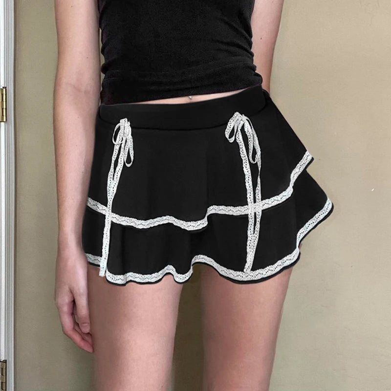 Vintage Fashion Lace Trim Y2K Summer Skirt Women Bow A-Line Mini Skirts Double Layer Cutecore Bottoms Contrast Color