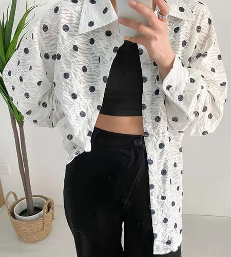 Women White Dot Big Size Elegant Blouse New Lapel Long Sleeve Loose Fit Shirt Fashion Tide Spring Autumn 2025 1DF7781