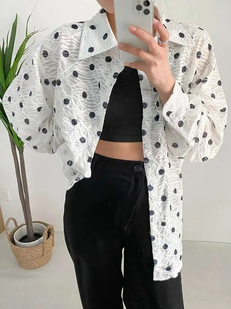 Women White Dot Big Size Elegant Blouse New Lapel Long Sleeve Loose Fit Shirt Fashion Tide Spring Autumn 2025 1DF7781