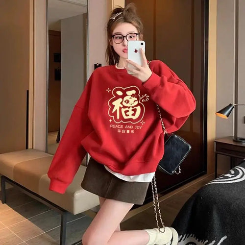 Load image into Gallery viewer, Autumn Winter New Red Print Round Neck Velvet Sweatshirt Thick Korean Women's Loose Long Sleeved Vacation Cotton Tops Clothing
