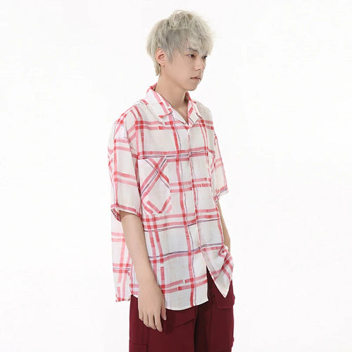 Load image into Gallery viewer, Summer Men's Shirt Lapel Irregular Plaid Contrast Color Design Single Breasted Loose Short Sleeved Niche Male Tops 9W1257
