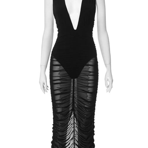 Load image into Gallery viewer, Sexy Mesh Double-layer Deep V-perspective Dress For Women Summer 2024New Tight Pleated Party Nightclub Holiday Beachwear
