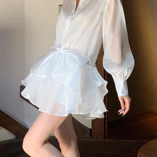 Load image into Gallery viewer, Solid Patchwork Ruffles Dress For Women Stand Collar Lantern Sleeve High Waist Elegant Mini Dresses Female Style
