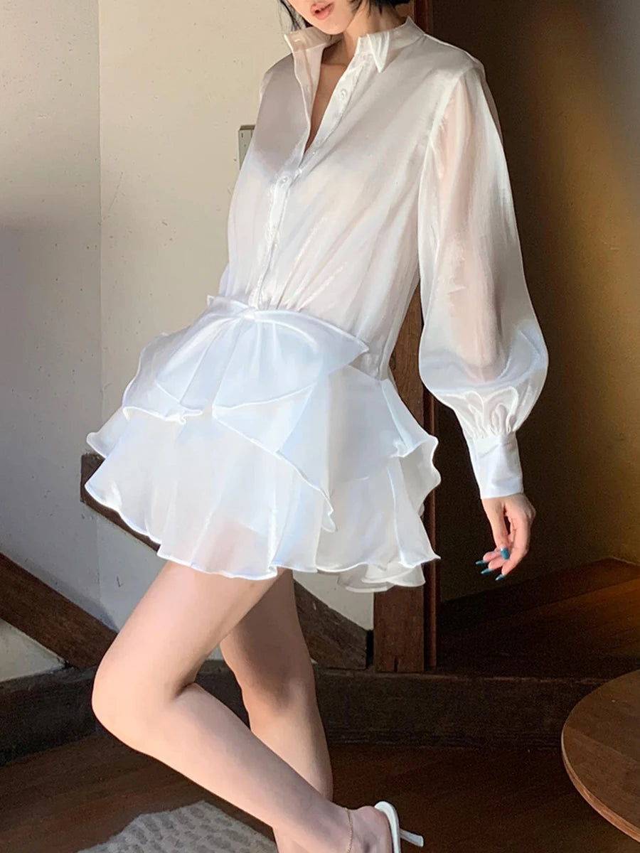 Solid Patchwork Ruffles Dress For Women Stand Collar Lantern Sleeve High Waist Elegant Mini Dresses Female Style