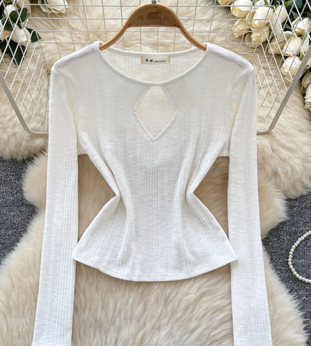 Vintage Fashion Women's Solid Long Sleeved Hollow Out Slim Short T Shirt 2025 Spring Elegant Versatile Ladies Festival Tops Chic