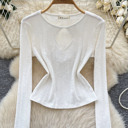 Load image into Gallery viewer, Vintage Fashion Women's Solid Long Sleeved Hollow Out Slim Short T Shirt 2025 Spring Elegant Versatile Ladies Festival Tops Chic
