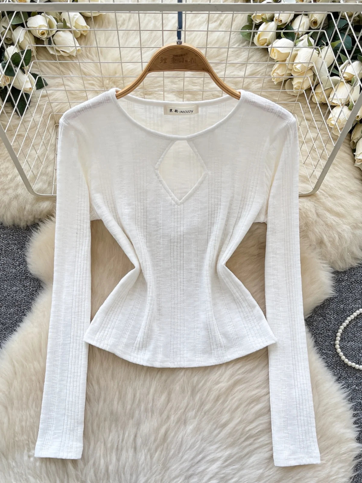 Vintage Fashion Women's Solid Long Sleeved Hollow Out Slim Short T Shirt 2025 Spring Elegant Versatile Ladies Festival Tops Chic