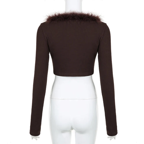 Load image into Gallery viewer, Brown Korean Y2K Crop Top Folds Skinny Autumn T shirt Female Faux Fur Trim Collar Fashion Sexy Tee Shirts Furry Cute
