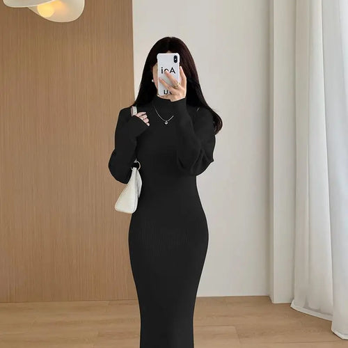 Load image into Gallery viewer, Elegant Solid Ribbed Knitted Dress Women Slim Long Sleeve Cardigan Top And Vest Dresses Autumn Winter Lady Streetwear Robe
