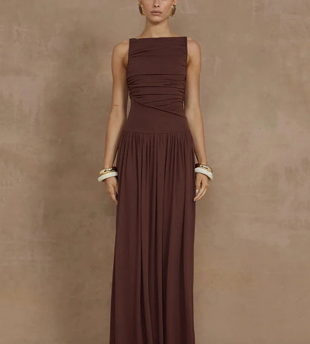 Elegant Sleeveless Maxi Dress For Women Fashion Solid Boat Neck Tank Dresses Ladies Sexy Ruched Long Dress New Gown