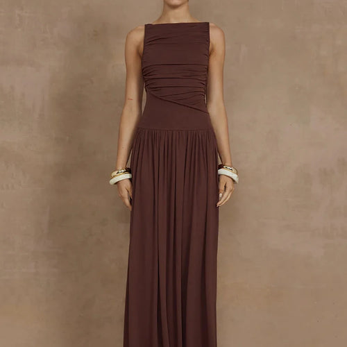 Load image into Gallery viewer, Elegant Sleeveless Maxi Dress For Women Fashion Solid Boat Neck Tank Dresses Ladies Sexy Ruched Long Dress New Gown
