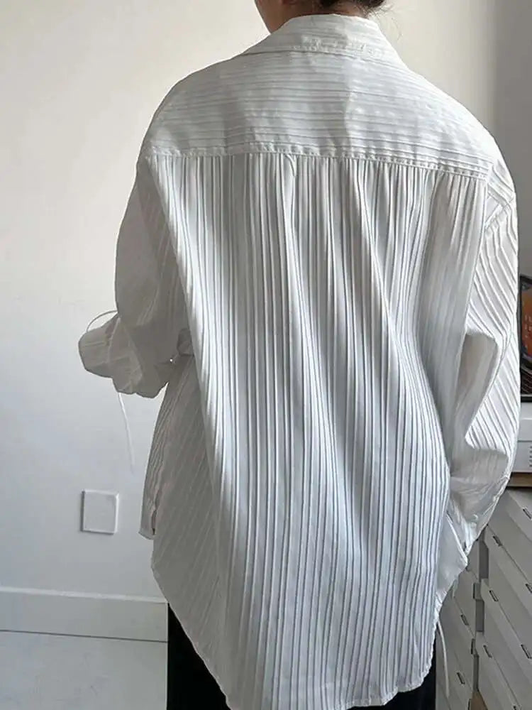 Women White Big Size Bandage Blouse New Round Neck Long Sleeve Loose Fit Shirt Fashion Tide Spring Autumn 2025 1DH1737