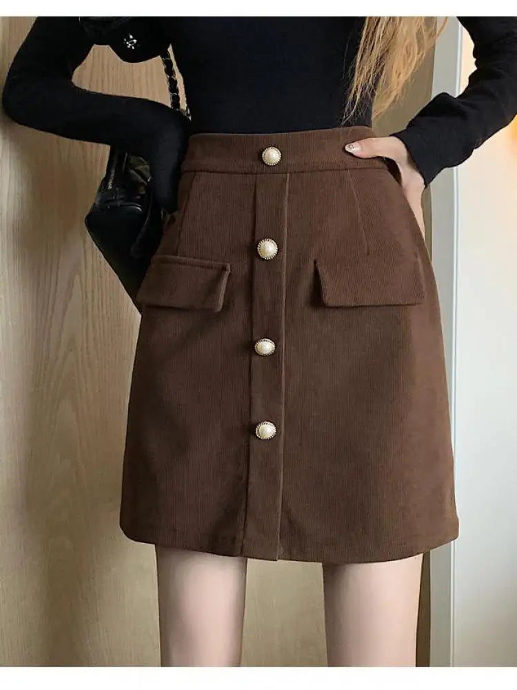 Autumn Winter New Black Pink Corduroy High Waisted Mini Skirt Women Korean Fashion Brown Large Size Short Skirt Simplicity Trend