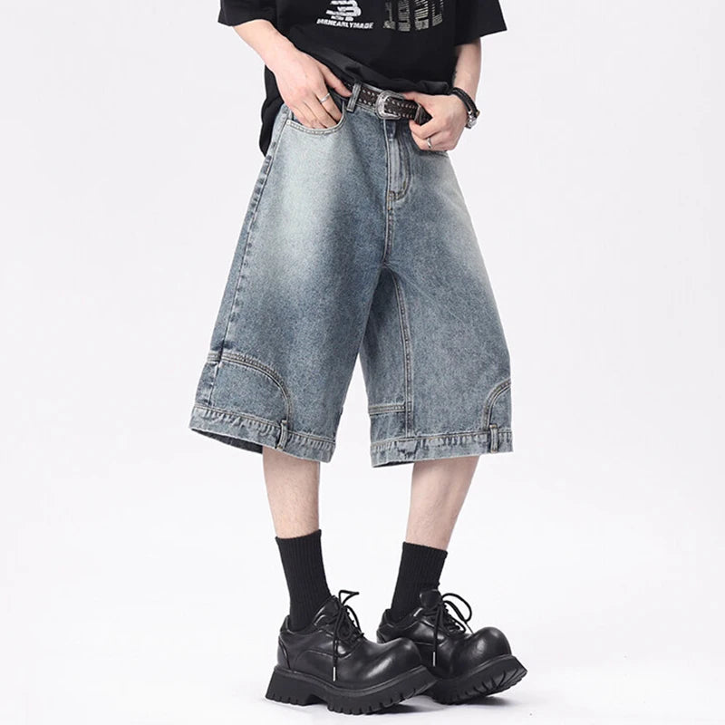 Men's Denim Shorts New American Personalized Straight Wide Leg Male Short Jeans Summer High Street Men Clothing 9W1670
