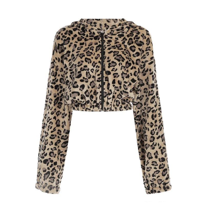 Streetwear Leopard Hooded Autumn Fleece Jackets Women's Zip-Up Cropped Winter Coat Faux Fur Fluffy Outwear Warm Y2K