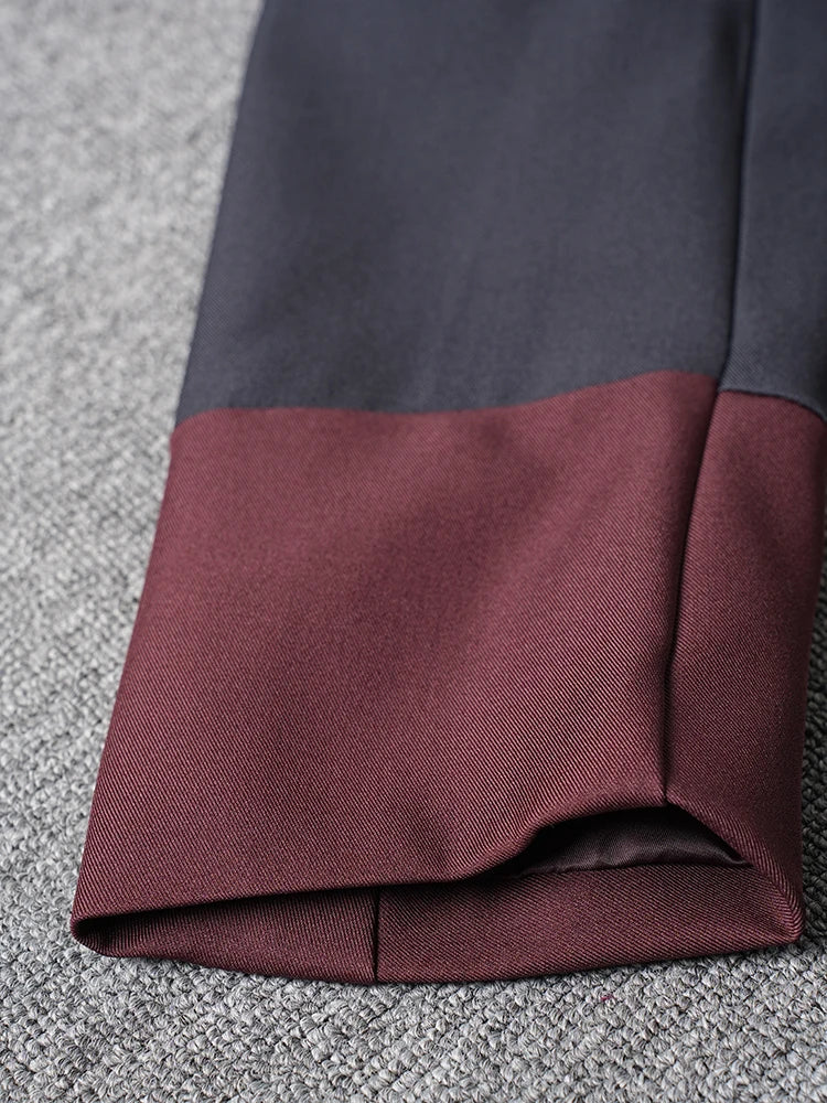 Women Red Color-block Big Size Long Elegant Blazer New Lapel Long Sleeve Jacket Fashion Tide Spring Autumn 2025 26C1609