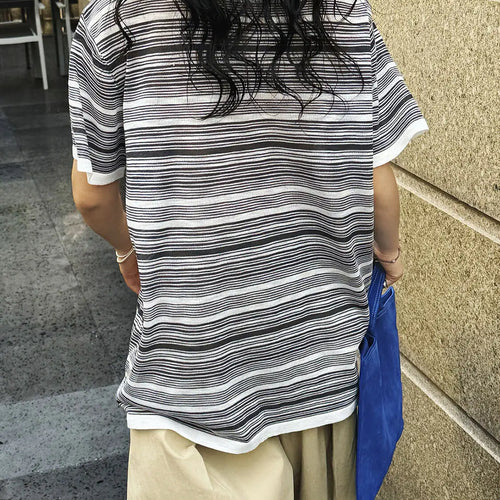 Load image into Gallery viewer, Women Black Coffee Striped Thin Knitting T-shirt New Round Neck Short Sleeve Fashion Tide Spring Summer 2025 1DJ1529
