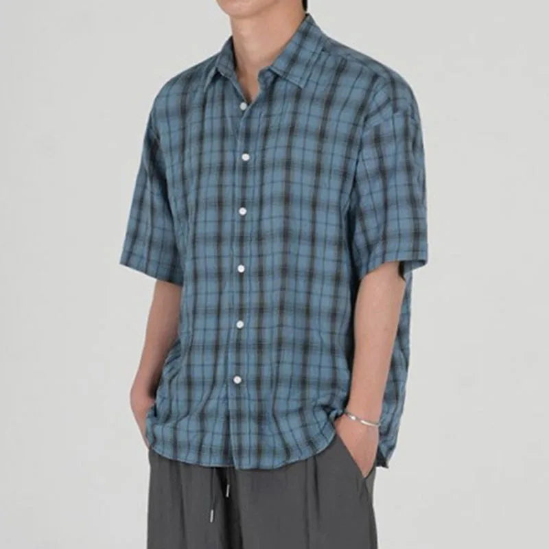 Summer Male Short Sleeve Shirts Casual Plaid Shirt Korean Single Breasted Handsome Trendy Men's Clothing 9W1632