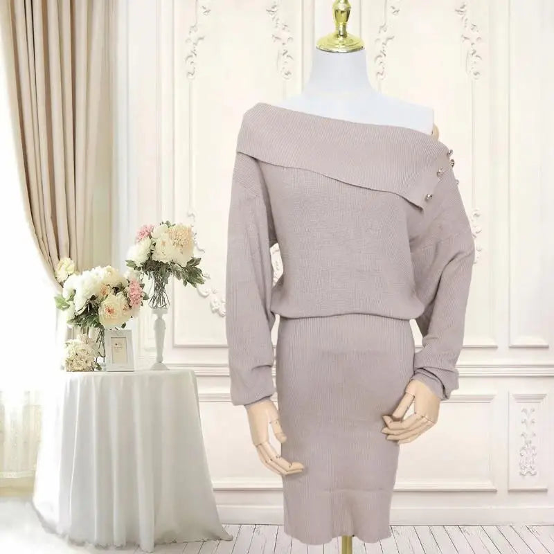 Autumn Winter Vintage Solid Elegant Off Shoulder Long Sleeve Mini Dress Women French High Waist Button Knitted Mini Dress Simple