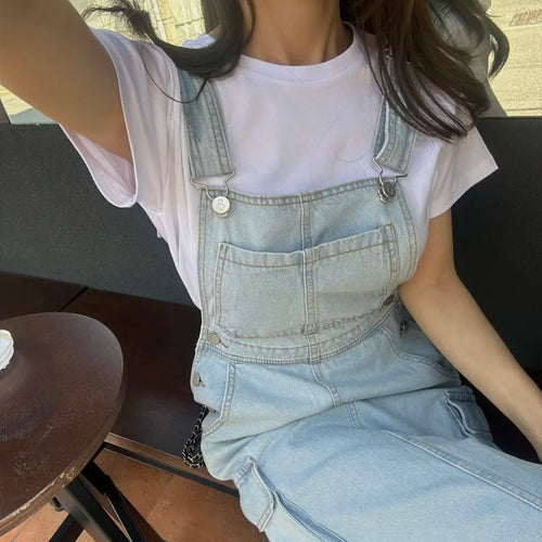 Load image into Gallery viewer, Women Blue Workwear Pocket Design Denim Straps Dress Spring Summer Sleeveless Straight Slip Long Jeans Dresses Female Vestidos
