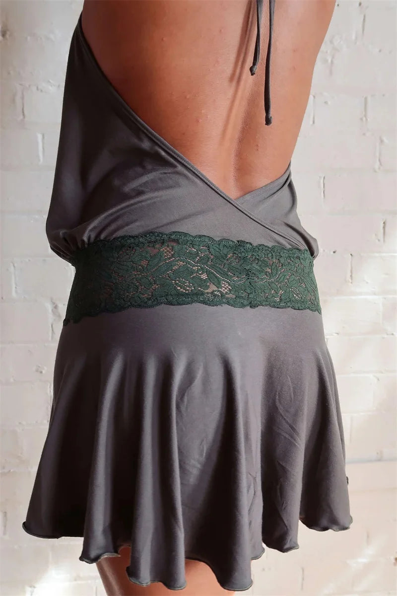 Halter Backless Sexy Mini Dress Women Robe Fashion Summer New Lace Patchwork Sleeveless Pleated Ruffled Club Dress