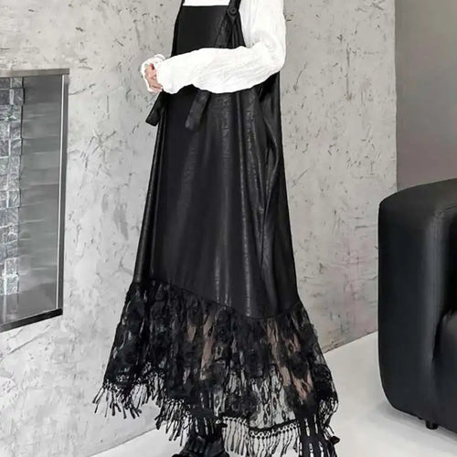 Load image into Gallery viewer, Women Black Pu Leather Hem Lace Big Size Strap Dress New Square Collar Sleeveless Fashion Tide Spring Autumn 2025 1DH7279
