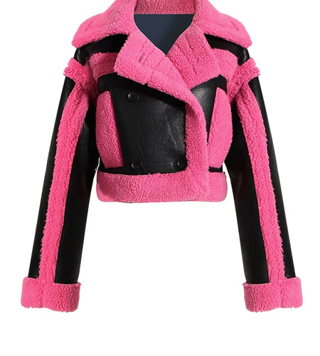 Loose Fit Rose Red Thick Warm Lambswool Jacket New Lapel Long Sleeve Women Coat Fashion Tide Spring Autumn 2025 1DH0227