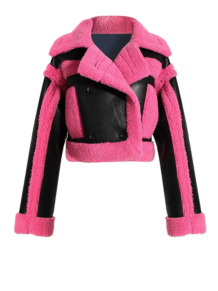 Loose Fit Rose Red Thick Warm Lambswool Jacket New Lapel Long Sleeve Women Coat Fashion Tide Spring Autumn 2025 1DH0227