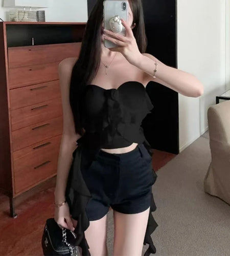 y2k Top Women Aesthetic Clothes Solid Color Off Shoulder Strapless Sleeveless Bandeau with Ruffles Hem 2000s Streetwear