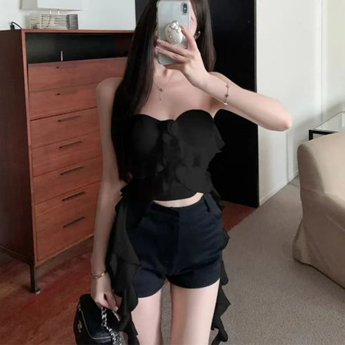 Load image into Gallery viewer, y2k Top Women Aesthetic Clothes Solid Color Off Shoulder Strapless Sleeveless Bandeau with Ruffles Hem 2000s Streetwear
