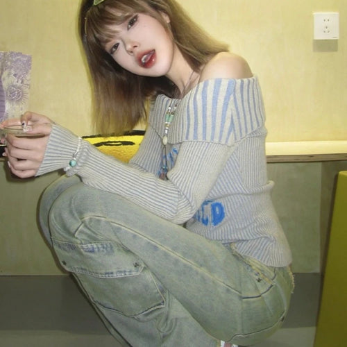 Load image into Gallery viewer, Sexy Off Shoulder Letter Women Sweaters Autumn Slim Vintage All Match Pullovers Sweet Y2k Striped Knitted Fairy Jumpers Trendy
