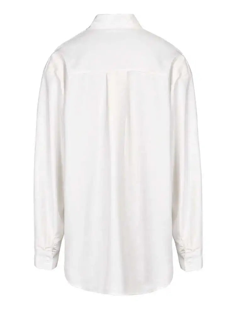 Women White Bandage Big Size Casual  Blouse New Lapel Long Sleeve Loose Fit Shirt Fashion Tide Spring Autumn 2025 1DF9108