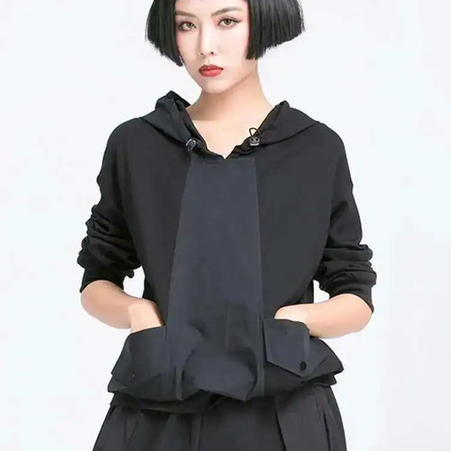 Load image into Gallery viewer, Women Black Pocket Split Joint Drawstring Big Size T-shirt New Hooded Long Sleeve  Fashion Tide  Spring Autumn 2025 1Y772

