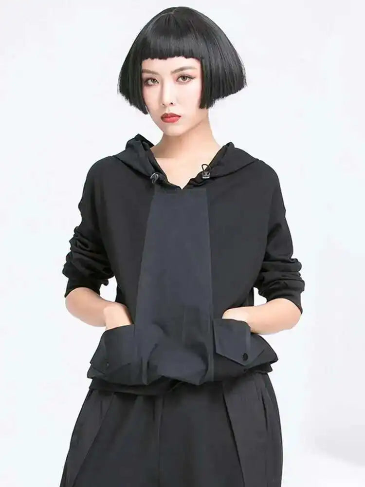 Women Black Pocket Split Joint Drawstring Big Size T-shirt New Hooded Long Sleeve  Fashion Tide  Spring Autumn 2025 1Y772