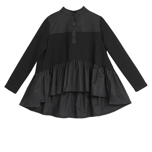 Load image into Gallery viewer, Women Black Pleated Ruffes Irregular Big Size T-shirt New Stand Collar Long Sleeve Fashion Tide Spring Autumn 2025 JQ016
