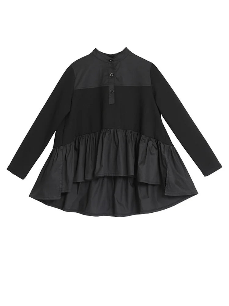 Women Black Pleated Ruffes Irregular Big Size T-shirt New Stand Collar Long Sleeve Fashion Tide Spring Autumn 2025 JQ016