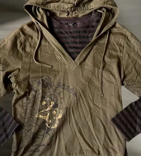 Vintage Hoodie Women Clothing Fake Two Oversized Tops Streetwear Hooded Sweatshirts Print Contrast Color Fashion Striped Hoodies